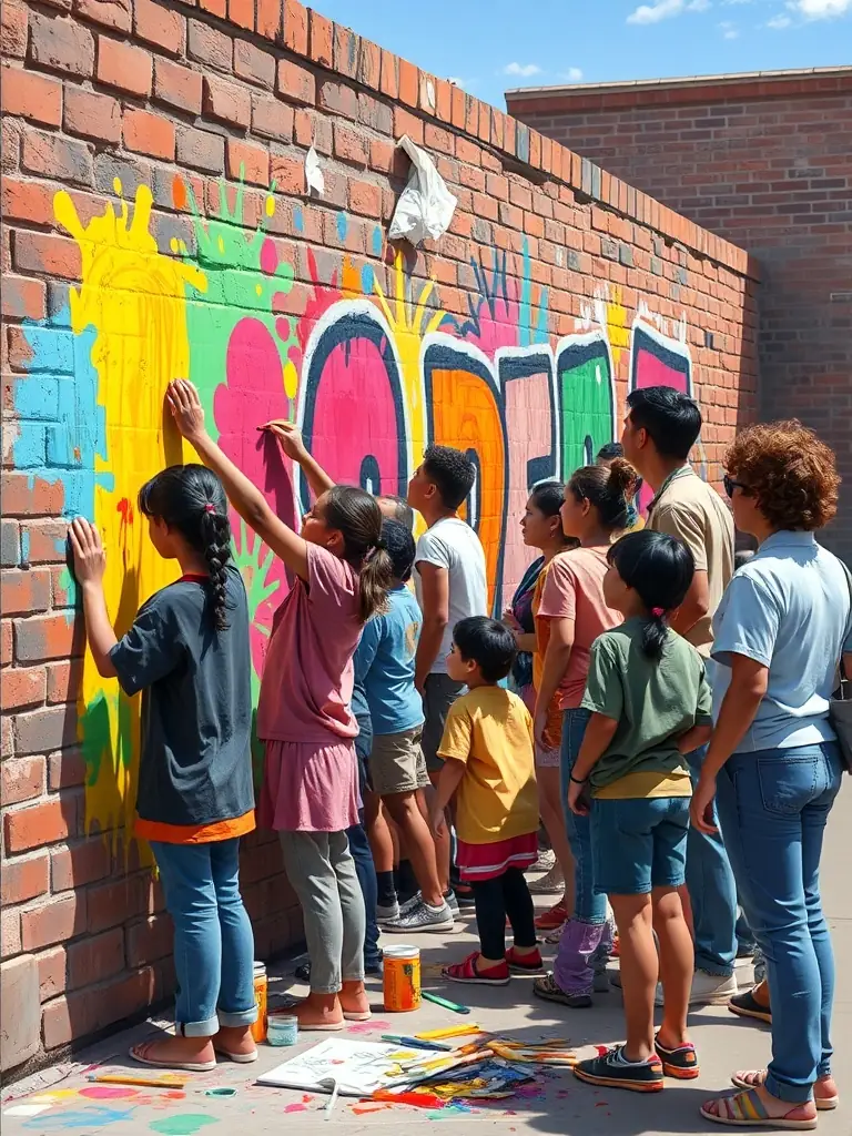 A vibrant photograph capturing participants of all ages engaged in a collaborative mural painting project, showcasing community involvement and artistic expression.