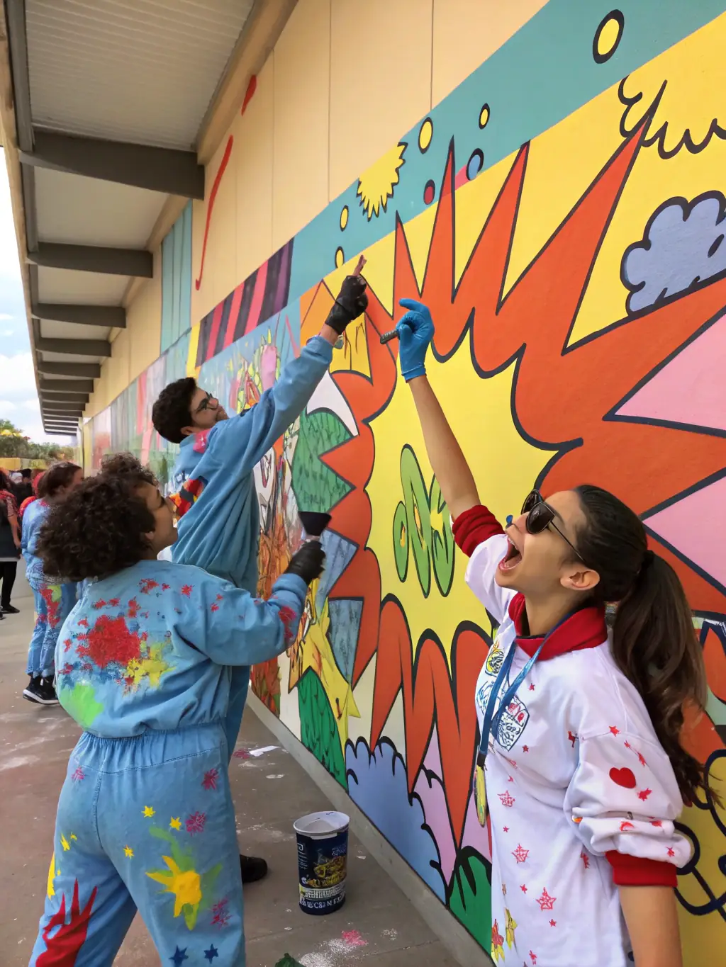 A vibrant image depicting a group of young people participating in a street art workshop, showcasing the organization's commitment to artistic expression and community engagement.