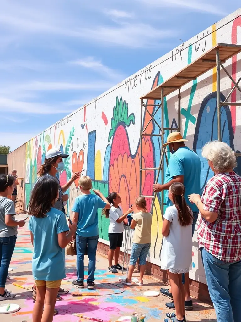 A photo of a group of volunteers working together on a community project, such as painting a local school or planting a garden, demonstrating teamwork and community involvement.