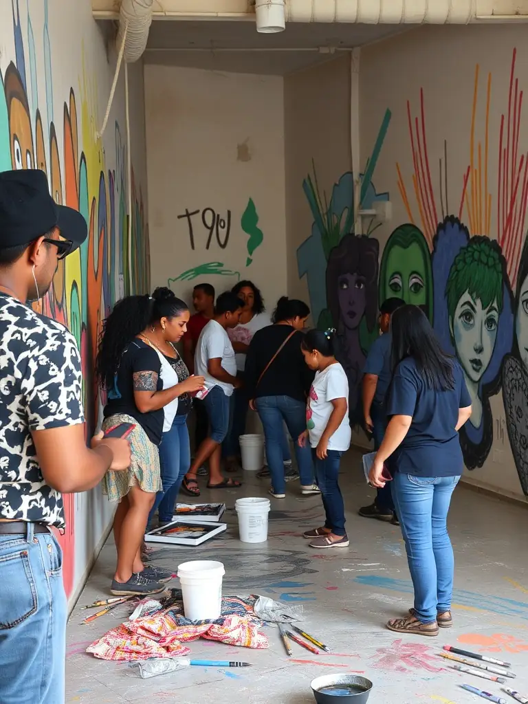 A vibrant photograph capturing a multidisciplinary artistic project in action, showcasing artists collaborating on a mural with community members, using bright colors and diverse artistic techniques.