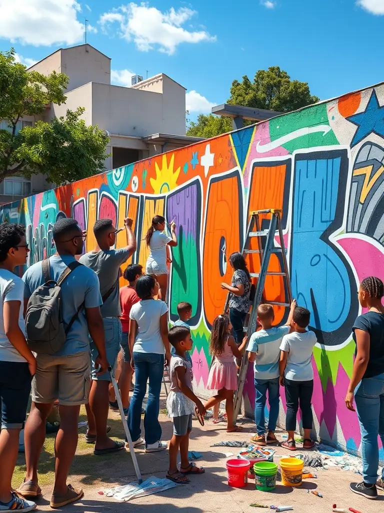 A vibrant photograph capturing a group of children participating in an outdoor art workshop, painting colorful murals on a community wall, showcasing the organization's commitment to accessible artistic expression.