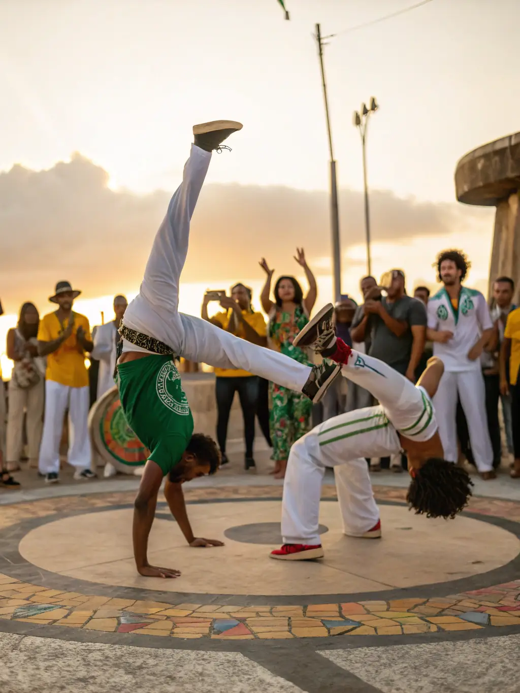 A dynamic photo capturing participants engaged in a capoeira session, highlighting the blend of cultural and sports activities offered by LES CABANONS DE PRODUCTION.