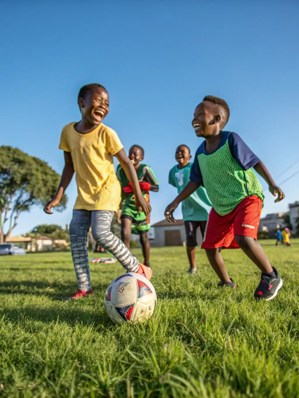 An image depicting a sports event organized by LES CABANONS DE PRODUCTION, featuring children and adults participating in a friendly game, with smiles and active engagement.