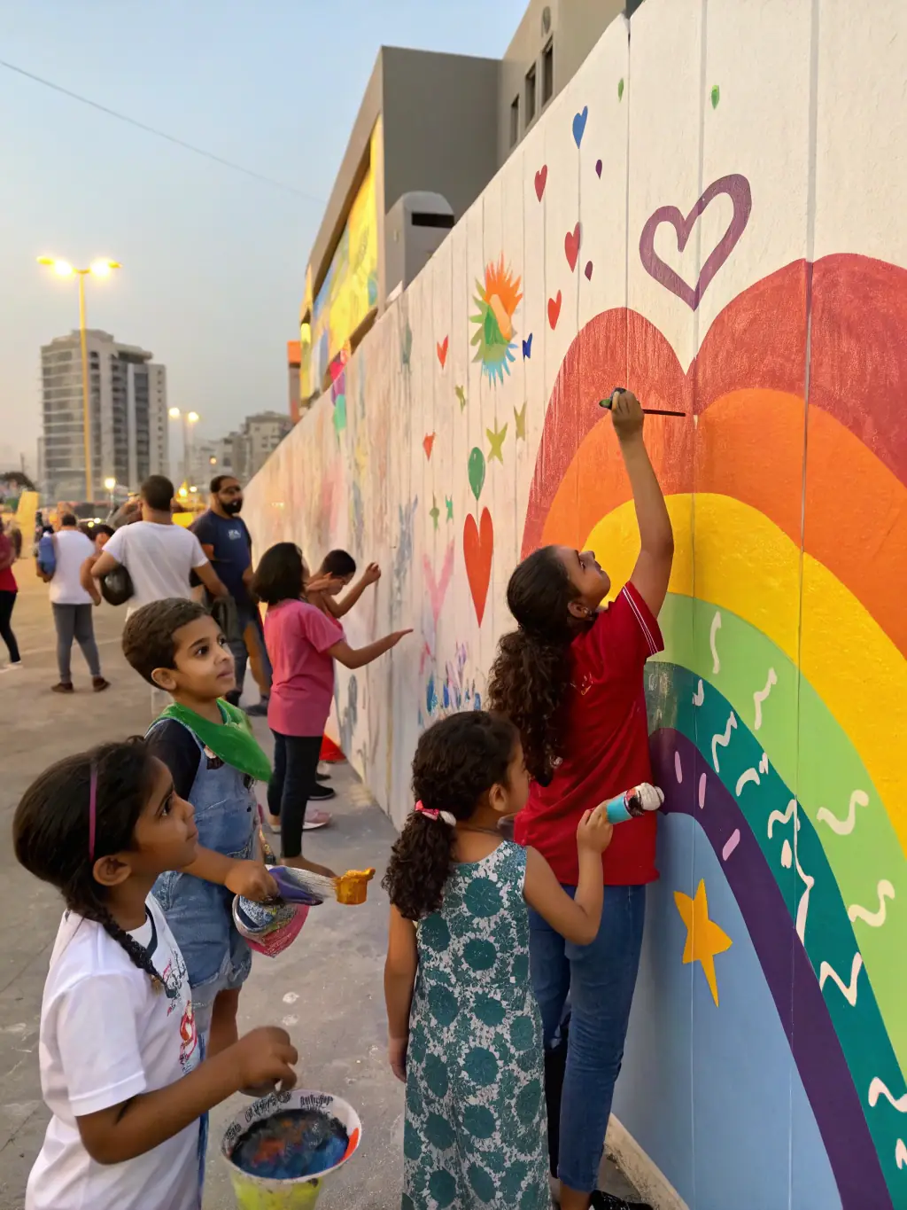 A heartwarming image showing children and adults collaborating on a community mural project, emphasizing the organization's focus on social inclusion and artistic collaboration.