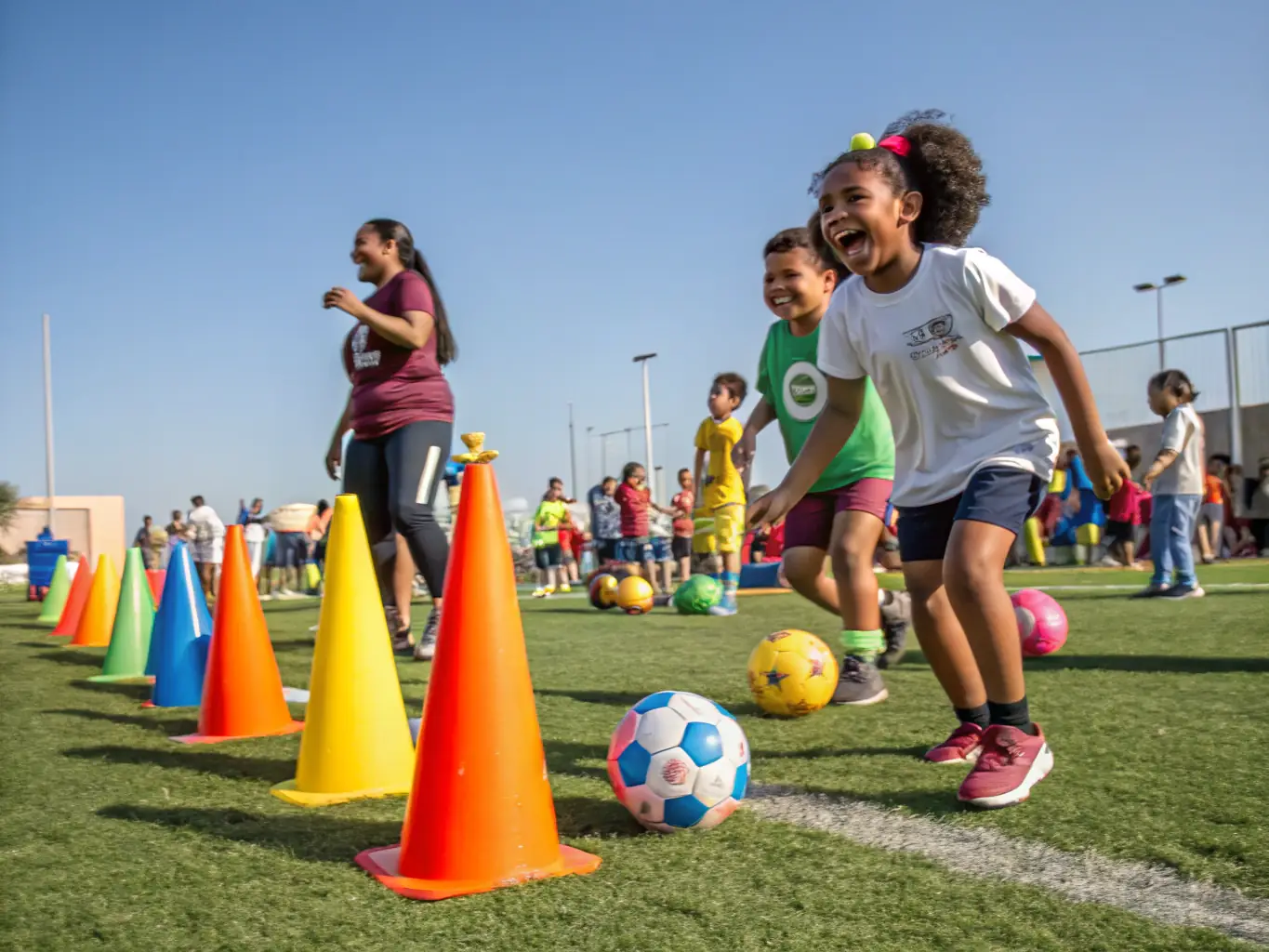 An image showing participants of all ages and backgrounds participating in a sports activity organized by LES CABANONS DE PRODUCTION.