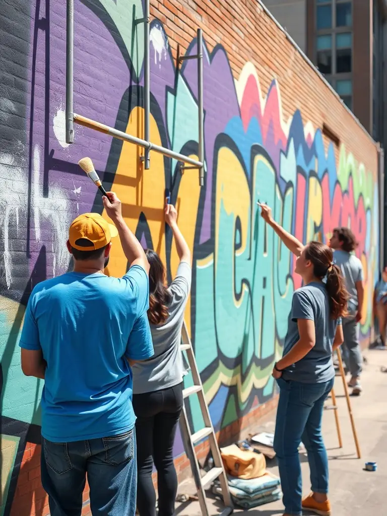 A vibrant photograph capturing a diverse group of people participating in a collaborative mural painting project, showcasing community engagement and artistic expression.