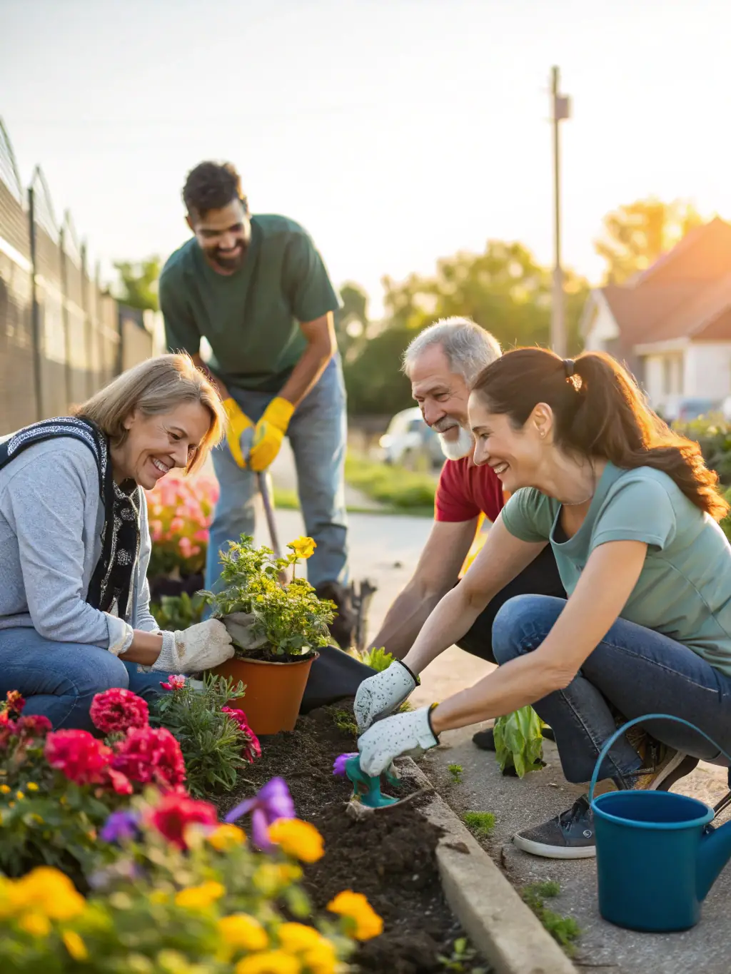 A heartwarming photograph of volunteers assisting elderly residents with gardening in a community garden, demonstrating the organization's commitment to fostering social inclusion and community engagement.