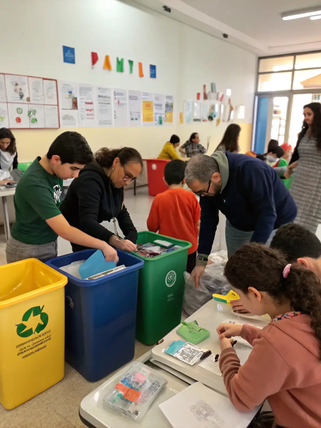 A photograph of participants creating art using recycled materials, highlighting the organization's commitment to environmental sustainability and creative reuse.