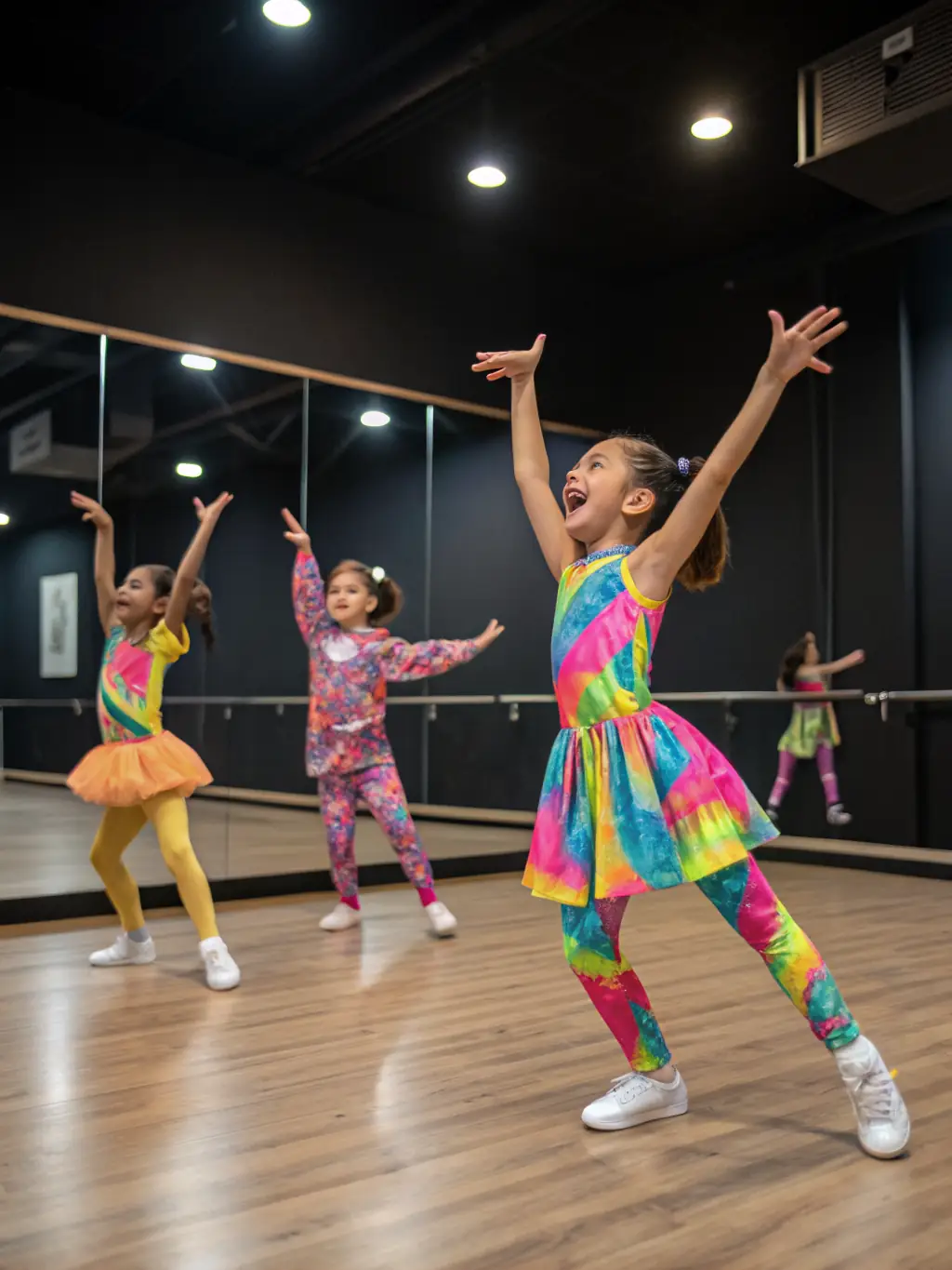 An image of a diverse group of children participating in a dance workshop, led by a professional instructor, emphasizing inclusivity and cultural exchange.