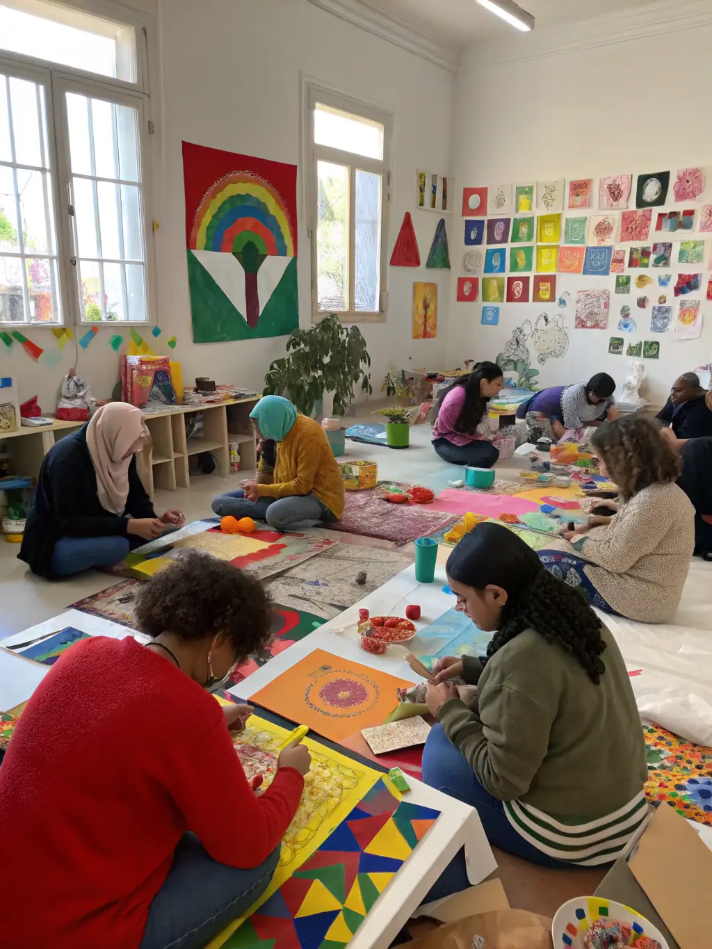 A dynamic image of a cultural workshop where participants are learning about and engaging with different art forms, promoting cultural awareness and appreciation.