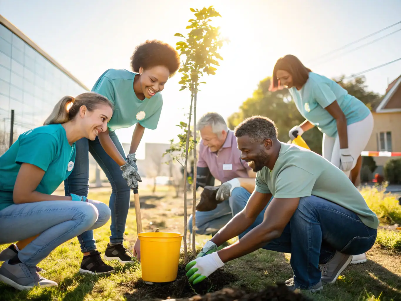 A photograph of volunteers and community members working together on a project, symbolizing community engagement and support.